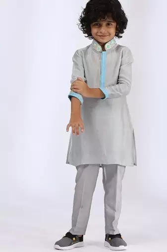 Grey plain satin kurta pyjama
