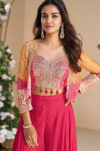 Pink embroidery sequins printed jacket chinnon silk blouse palazzo suit - free size Full Stitched (size upto 42)