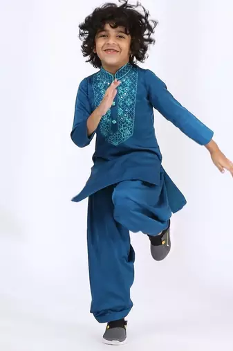 Blue plain satin kurta pyjama