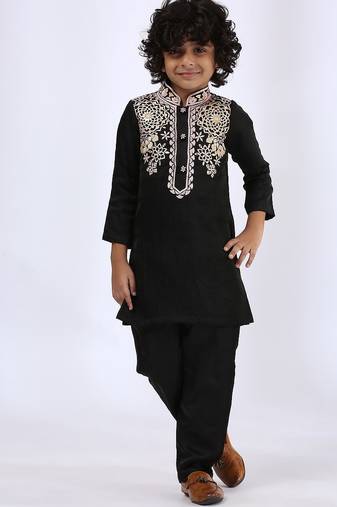 Black embroidered satin kurta pyjama