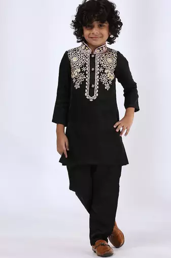 Black embroidered satin kurta pyjama