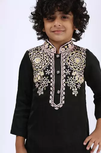 Black embroidered satin kurta pyjama