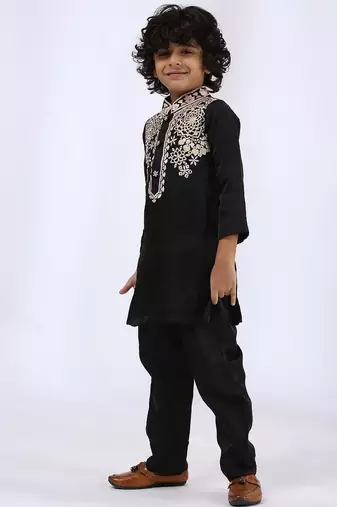Black embroidered satin kurta pyjama
