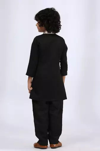 Black embroidered satin kurta pyjama