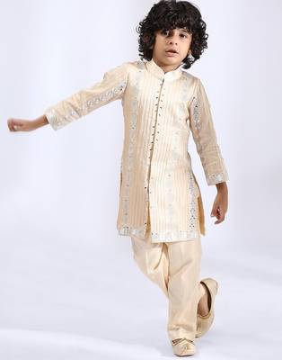 Beige embroidered satin sherwani 1