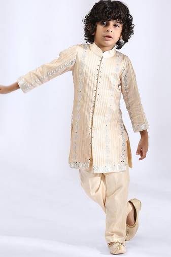 Beige embroidered satin sherwani