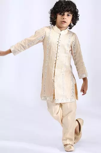 Beige embroidered satin sherwani