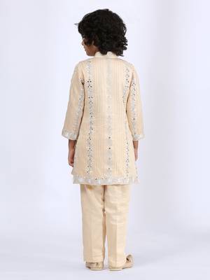 Beige embroidered satin sherwani 2