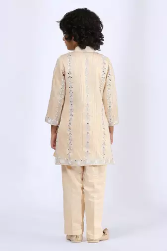 Beige embroidered satin sherwani