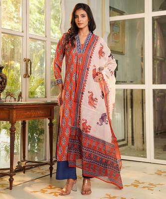 Women orange rayon blend floral printed straight kurta palazzos with dupatta 2