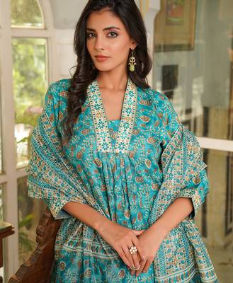 Women turquoise blue rayon blend floral printed straight kurta trouser with dupatta 2
