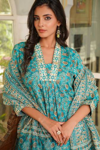 Women turquoise blue rayon blend floral printed straight kurta trouser with dupatta