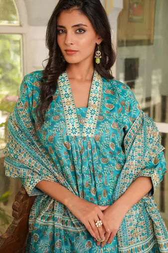 Women turquoise blue rayon blend floral printed straight kurta trouser with dupatta