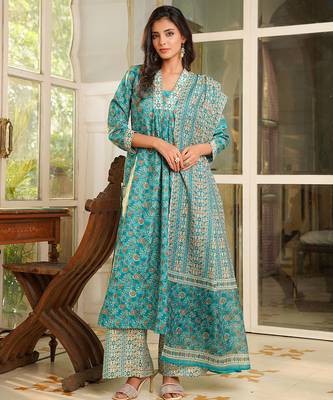 Women turquoise blue rayon blend floral printed straight kurta trouser with dupatta 1