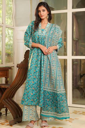 Women turquoise blue rayon blend floral printed straight kurta trouser with dupatta