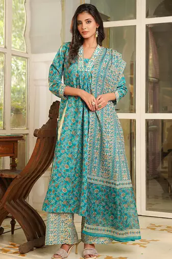 Women turquoise blue rayon blend floral printed straight kurta trouser with dupatta