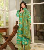 Women green rayon blend ethnic motifs printed straight kurta palazzos with dupatta