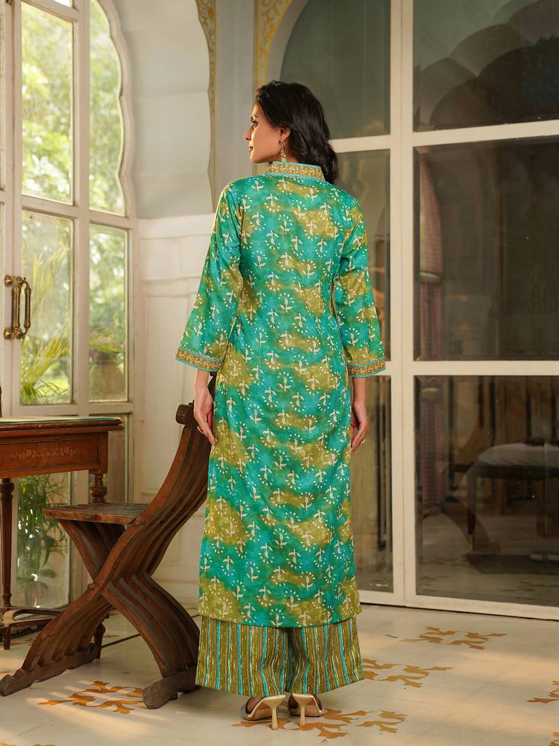 Women green rayon blend ethnic motifs printed straight kurta palazzos with dupatta