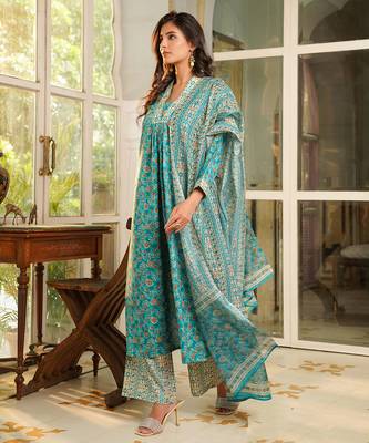 Women turquoise blue rayon blend floral printed straight kurta trouser with dupatta 3