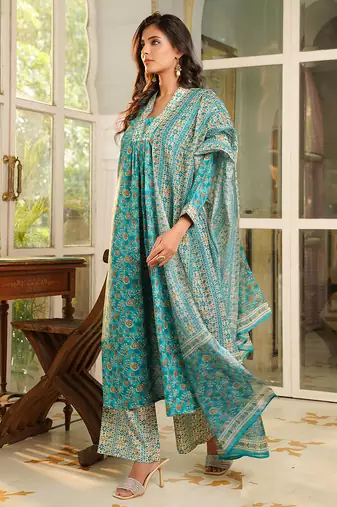 Women turquoise blue rayon blend floral printed straight kurta trouser with dupatta
