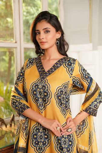 Women yellow rayon blend ethnic motifs printed straight kurta trousers with dupatta