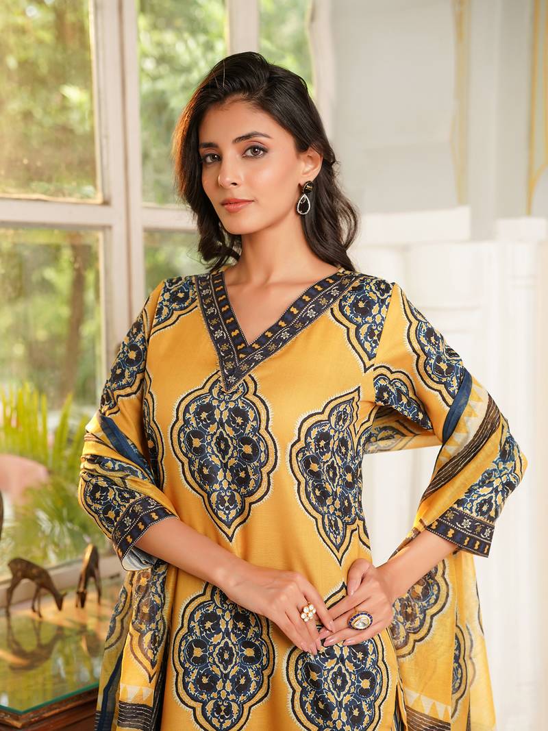 Women yellow rayon blend ethnic motifs printed straight kurta trousers with dupatta