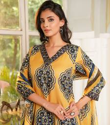 Women yellow rayon blend ethnic motifs printed straight kurta trousers with dupatta