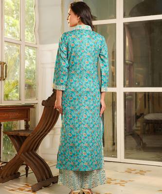 Women turquoise blue rayon blend floral printed straight kurta trouser with dupatta 4