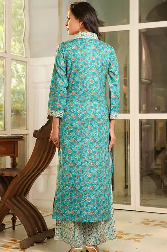 Women turquoise blue rayon blend floral printed straight kurta trouser with dupatta