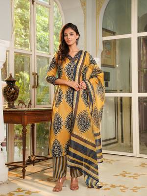Women yellow rayon blend ethnic motifs printed straight kurta trousers with dupatta 2
