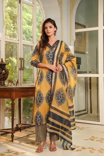 Women yellow rayon blend ethnic motifs printed straight kurta trousers with dupatta