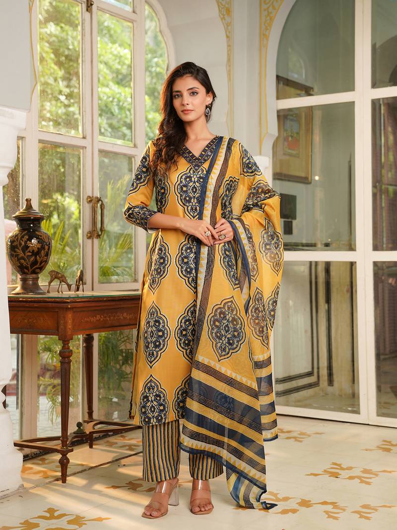 Women yellow rayon blend ethnic motifs printed straight kurta trousers with dupatta