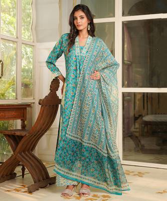 Women turquoise blue rayon blend floral printed straight kurta trouser with dupatta 5