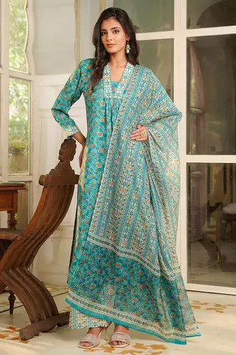 Women turquoise blue rayon blend floral printed straight kurta trouser with dupatta