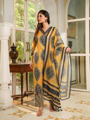 Women yellow rayon blend ethnic motifs printed straight kurta trousers with dupatta 3