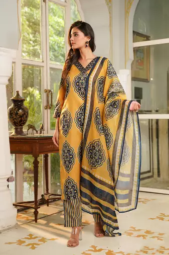 Women yellow rayon blend ethnic motifs printed straight kurta trousers with dupatta