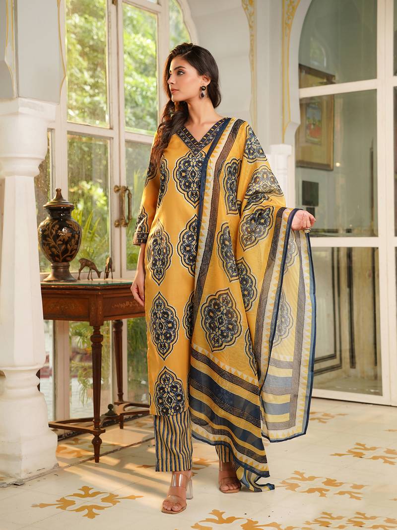 Women yellow rayon blend ethnic motifs printed straight kurta trousers with dupatta