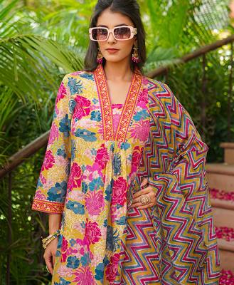 Women yellow rayon blend floral printed straight kurta palazzos with dupatta 1