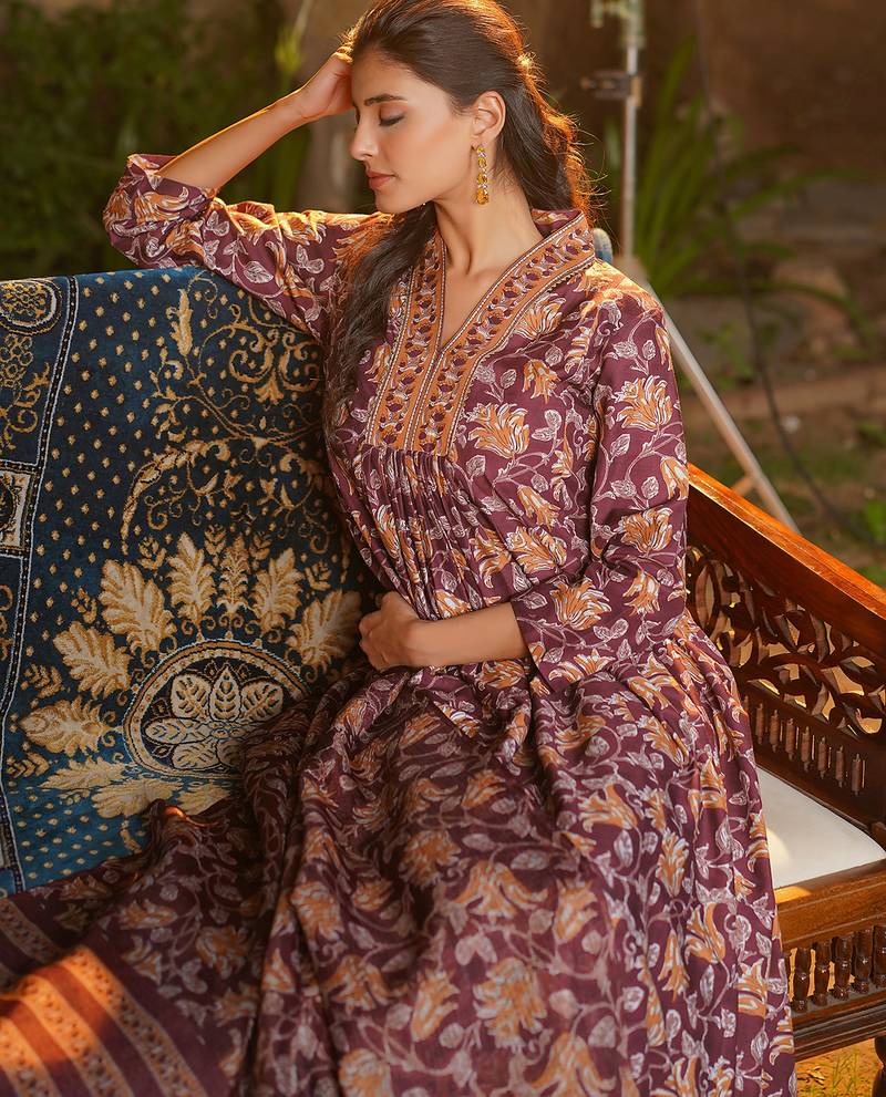 Women brown rayon blend floral printed a-line kurta palazzos with dupatta