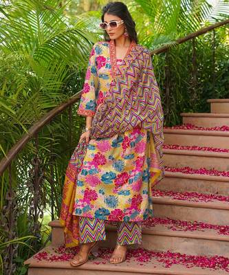 Women yellow rayon blend floral printed straight kurta palazzos with dupatta 2