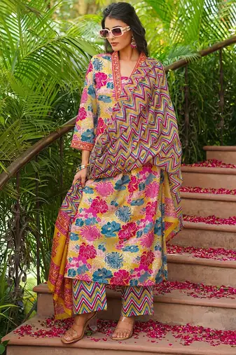 Women yellow rayon blend floral printed straight kurta palazzos with dupatta