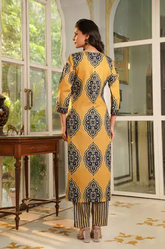 Women yellow rayon blend ethnic motifs printed straight kurta trousers with dupatta