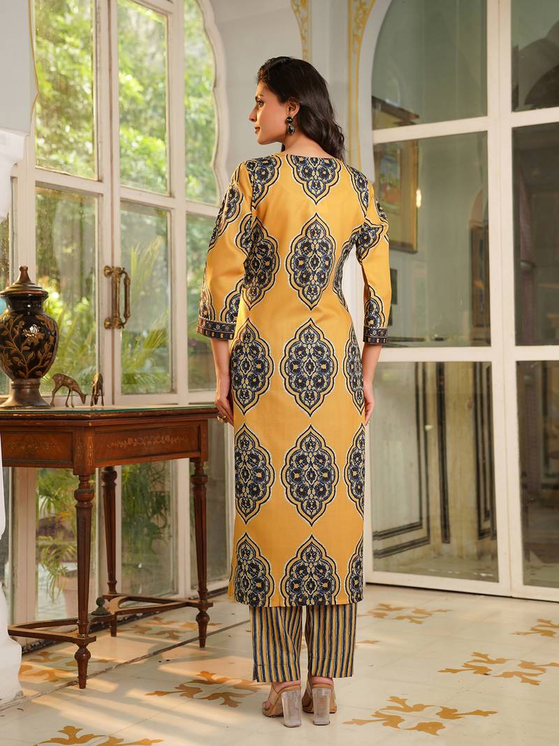 Women yellow rayon blend ethnic motifs printed straight kurta trousers with dupatta