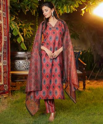 Women maroon rayon blend ethnic motifs printed straight kurta trousers with dupatta 1