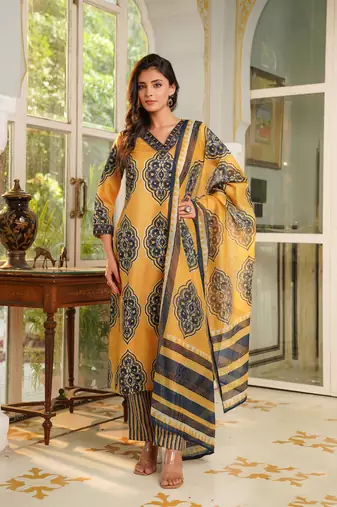 Women yellow rayon blend ethnic motifs printed straight kurta trousers with dupatta
