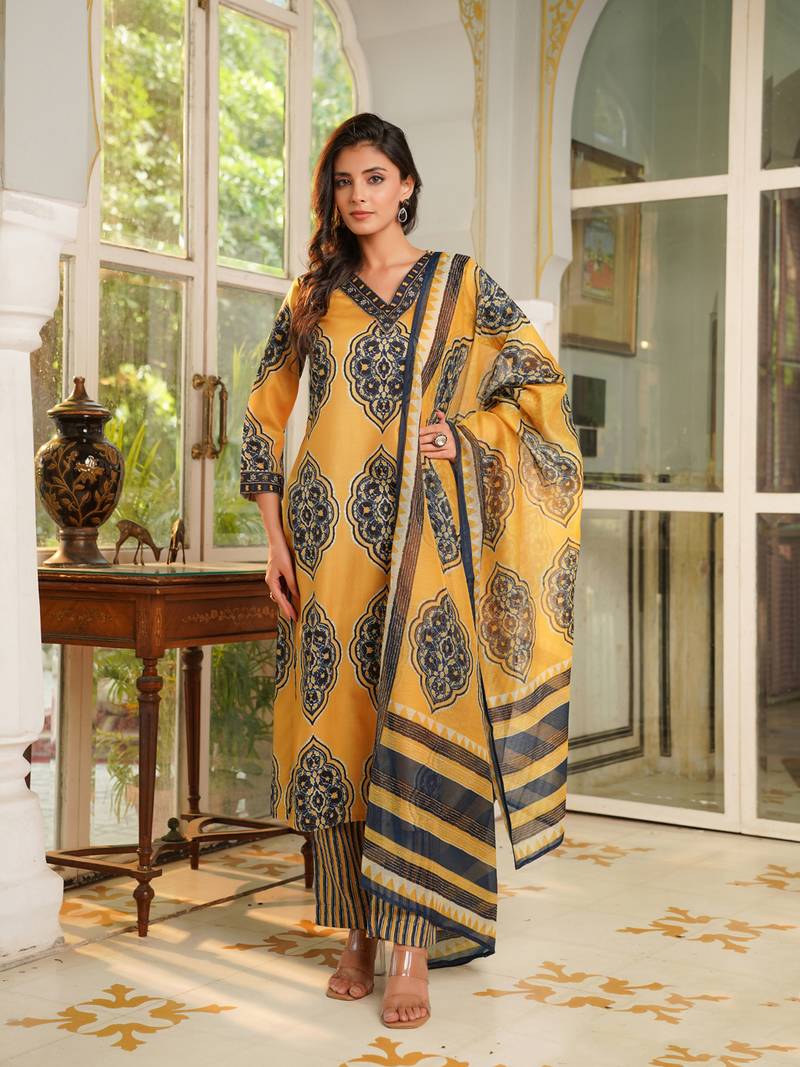 Women yellow rayon blend ethnic motifs printed straight kurta trousers with dupatta