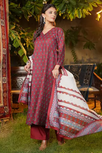 Women maroon rayon blend floral printed a-line kurta palazzos with dupatta