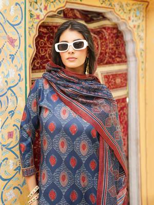 Women blue rayon blend ethnic motifs printed straight kurta trousers with dupatta 2