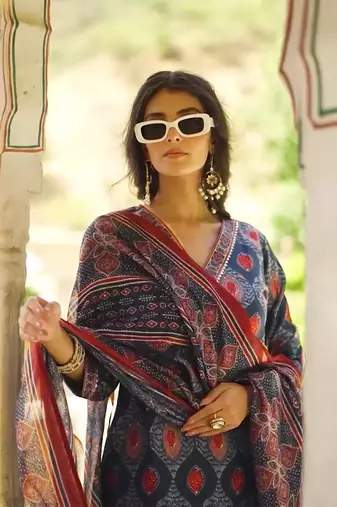 Women blue rayon blend ethnic motifs printed straight kurta trousers with dupatta