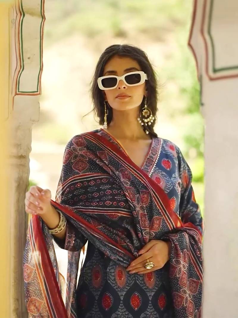 Women blue rayon blend ethnic motifs printed straight kurta trousers with dupatta